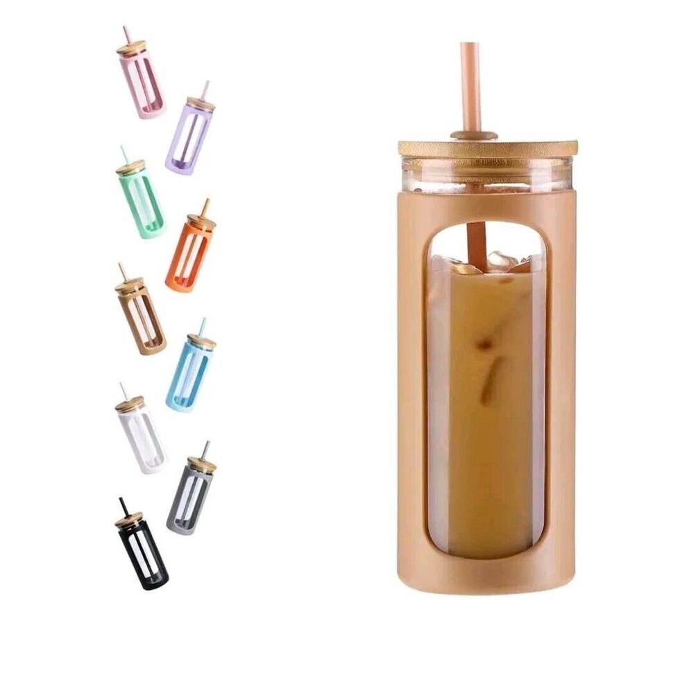 20oz Glass Water Tumble with Straw and Lid, Bamboo Lids Water Bottle,